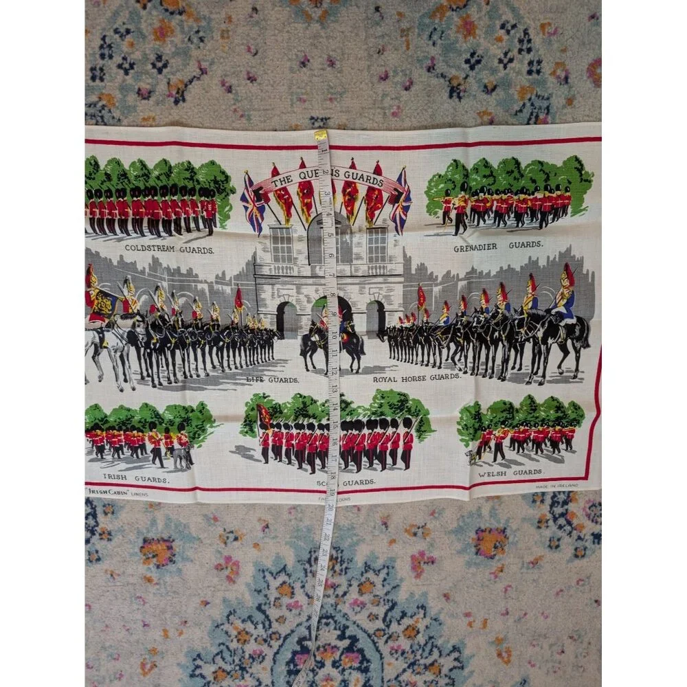 Vintage Mid‎ Century Irish Cabins Linen Souvenir Tea Towel - The Queens Guards